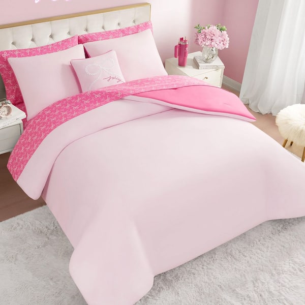 Pearly Bows Printed 8-Piece Pink Novelty Polyester Queen Bed in a Bag Comforter Set