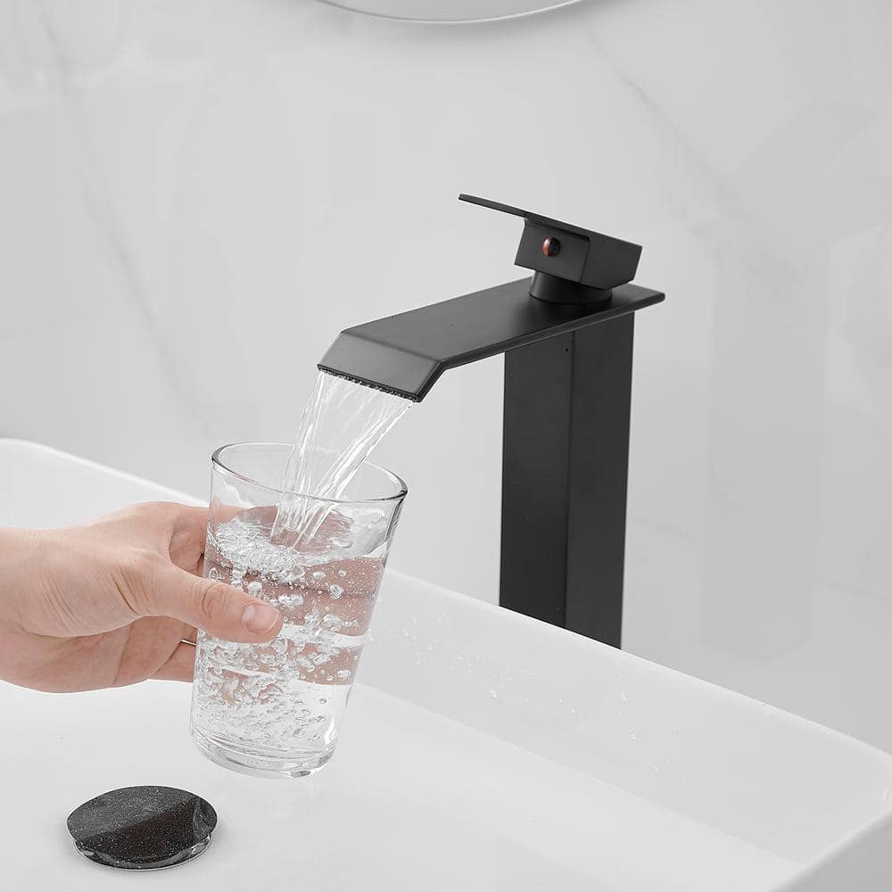 Matte Black Tall Waterfall Vessel Sink Faucet with Pop-Up Drain