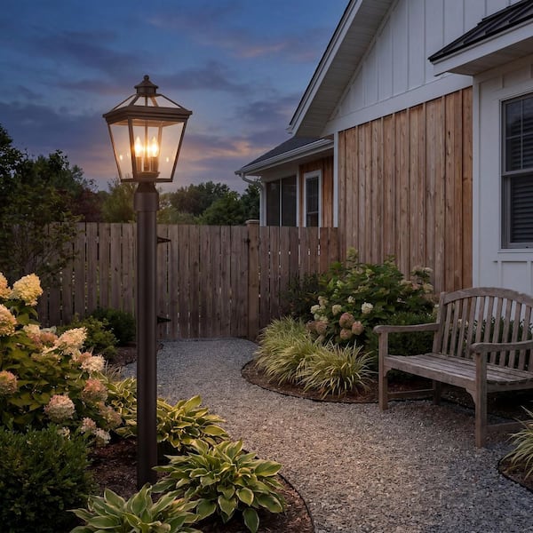 Ellijay 9 in. W x 17.5 in. H 3-Light English Bronze Hardwired Deck Post Light with Clear Glass Panels