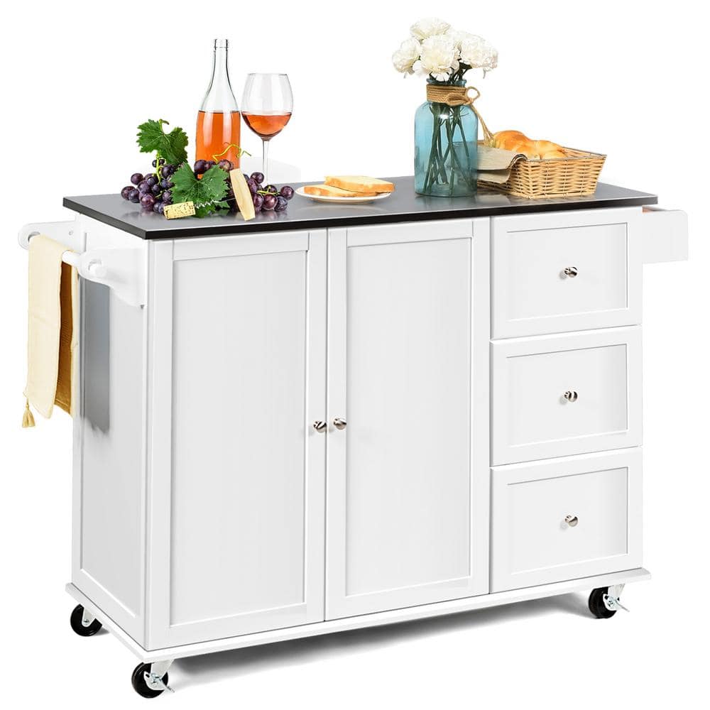 White Wood 53 in. Kitchen Island Cart with 2-Door Storage Cabinet and Drop 