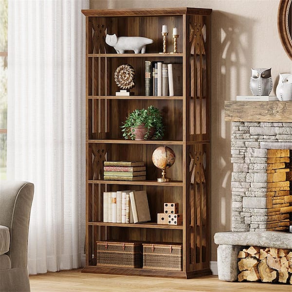 75 in. Tall Farmhouse Brown Engineered Wood 6-Shelf Bookcase, Large Bookshelf Bookcase Freestanding Display Shelves