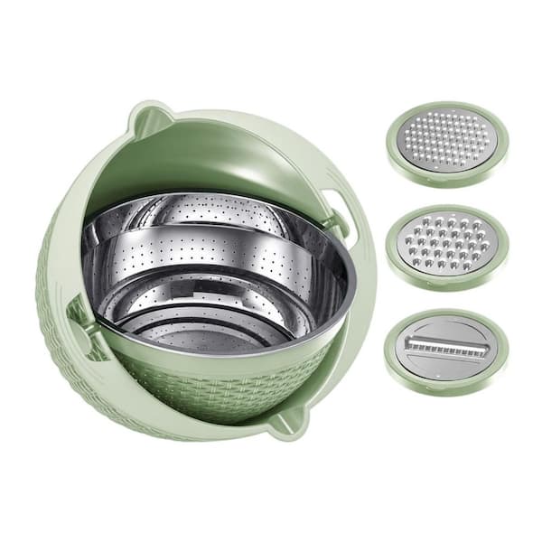 4 in. 1 Green Stainless Steel Colander and Bowl Set with Rotatable Strainers Food Strainers and Colanders for Kitchen