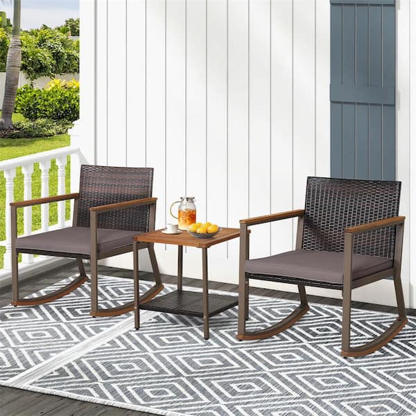 3-Piece Wicker Outdoor Bistro Set Rattan Rocking Chair with Storage Shelf and Gray Cushions