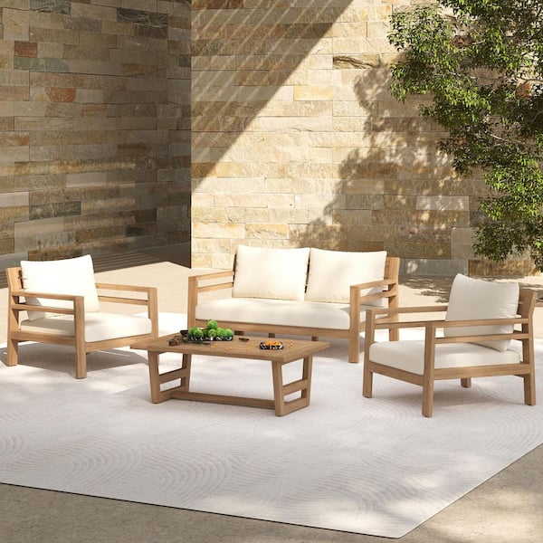 Arcs 4-Piece Solid Wood Outdoor Patio Conversation Set with Beige Cushions, Light Teak