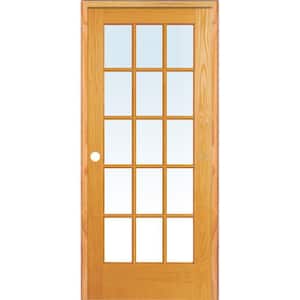 32 in. x 80 in. Right Hand Unfinished Pine Glass 15-Lite Clear True Divided Single Prehung Interior Door