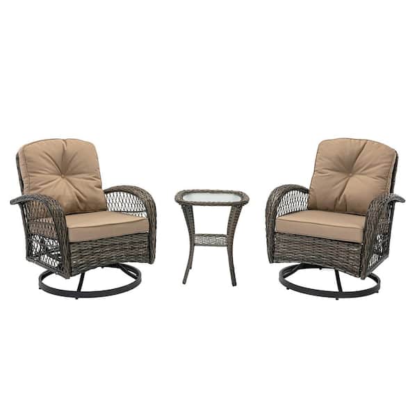 Anvil Natalie 3-Piece Wicker Rocking Patio Conversation Set With Tempered Glass Tabletop and Khaki Polyester Cushion