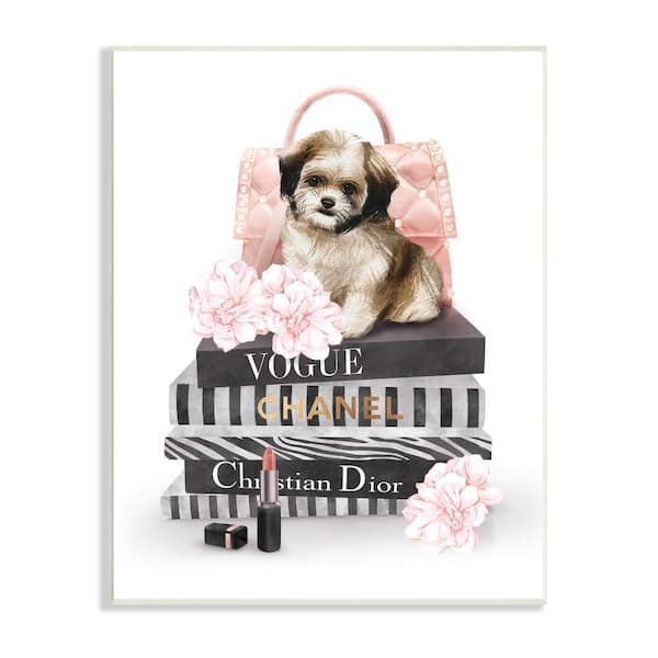 Stupell Industries Fluffy Puppy on Fashion Books Pink Florals By Ziwei Li Unframed Print Abstract Wall Art 10 in. x 15 in.
