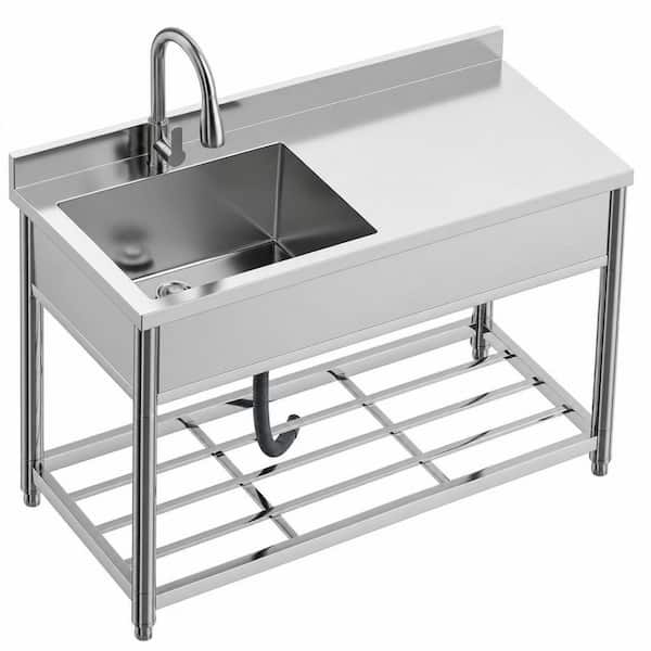21.7 in. D x 47.2 in. W Freestanding Utility Sink in Silver with Pull-Out Faucet and Workbench for Indoor/Outdoor Use