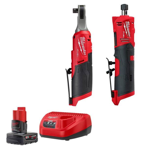 Milwaukee M12 12V Lithium-Ion XC 4.0 Battery & Charger Starter Kit with High Speed 3/8 in. Ratchet & 1/4 in. Straight Die Grinder