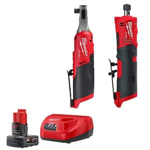M12 12V Lithium-Ion XC 4.0 Battery & Charger Starter Kit with High Speed 3/8 in. Ratchet & 1/4 in. Straight Die Grinder