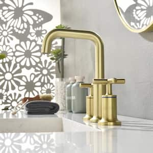 Brass 8 in. Widespread Double Handle Bathroom Faucet with Water Supply Hoses and Quick Connected Hose in Brushed Gold