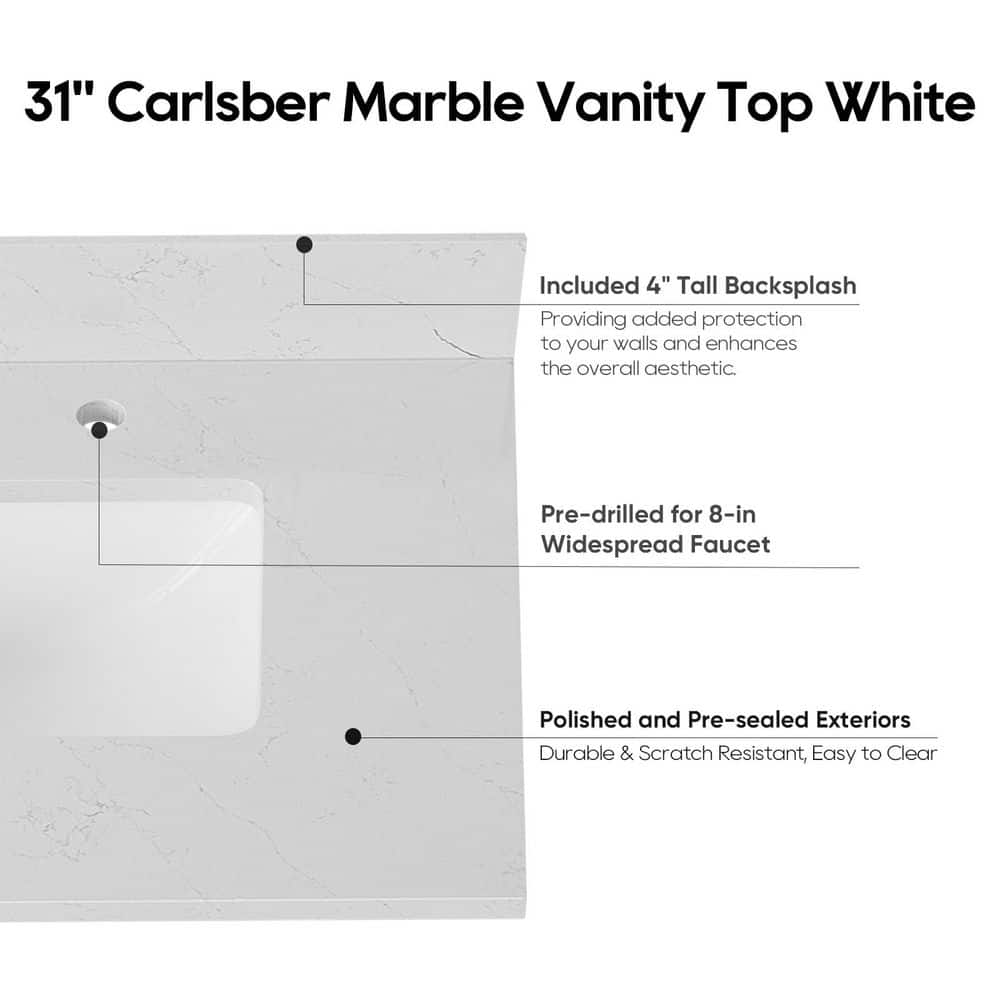 31'' White Marble Single Sink Bathroom Vanity Top with Backsplash