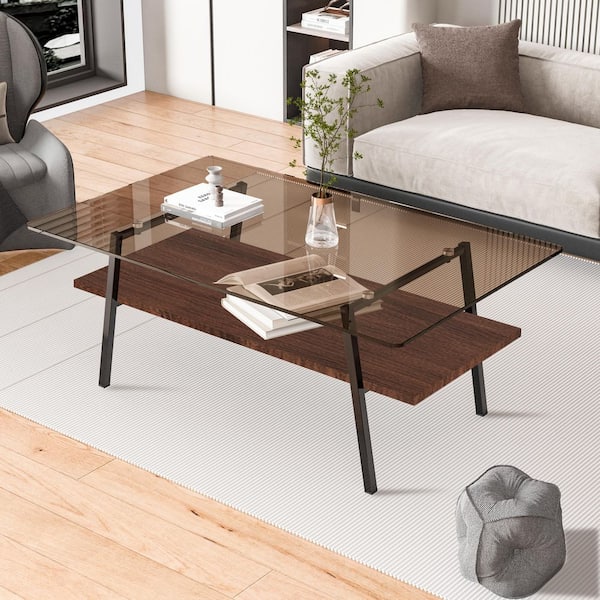 38.58 in. Modern Rectangle Tempered Brown Glass Coffee Table, Black Metal Legs & MDF Base for Living Room