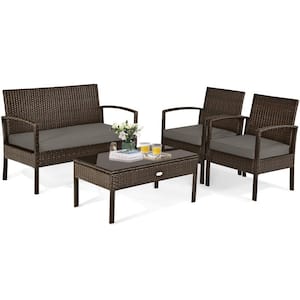 4-Pieces Rattan Wicker Patio Conversation Set with Gray Cushions