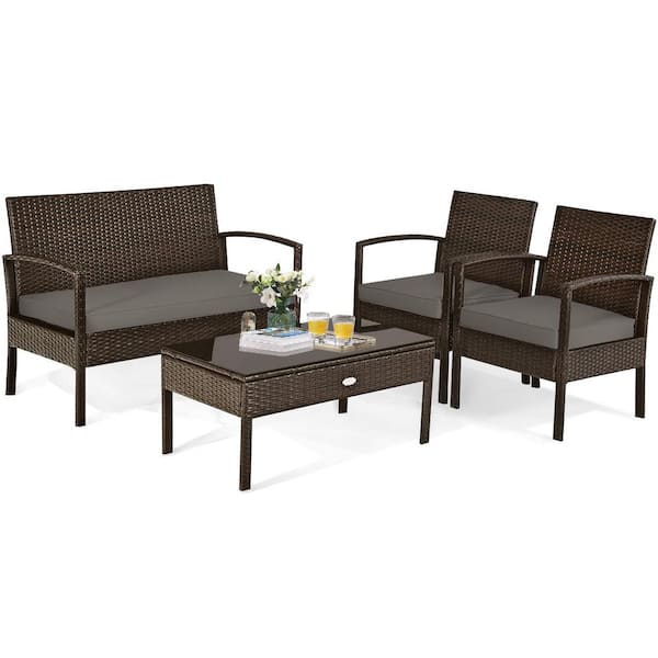 Unbranded 4-Pieces Rattan Wicker Patio Conversation Set with Gray Cushions