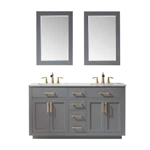 Ivy 60 in. Double Bathroom Vanity Set in Gray and Carrara White Marble Countertop with Mirror