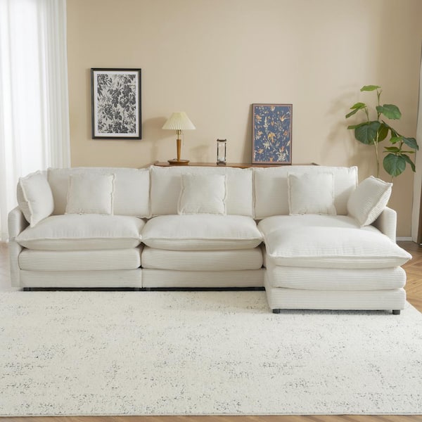 Harper & Bright Designs 112.6 in. Modular Corduroy Fabric Cloud Sectional Sofa in Beige with Side Storage Pockets and Ottoman