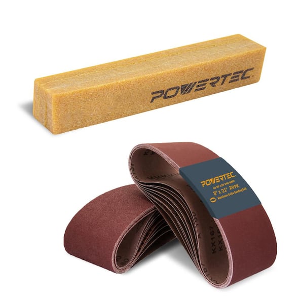 ‎POWERTEC 3 in. x 21 in. Sanding Belt Assortment, 5 Each of 40/80/120/240 Grits, with Abrasive Cleaning Stick