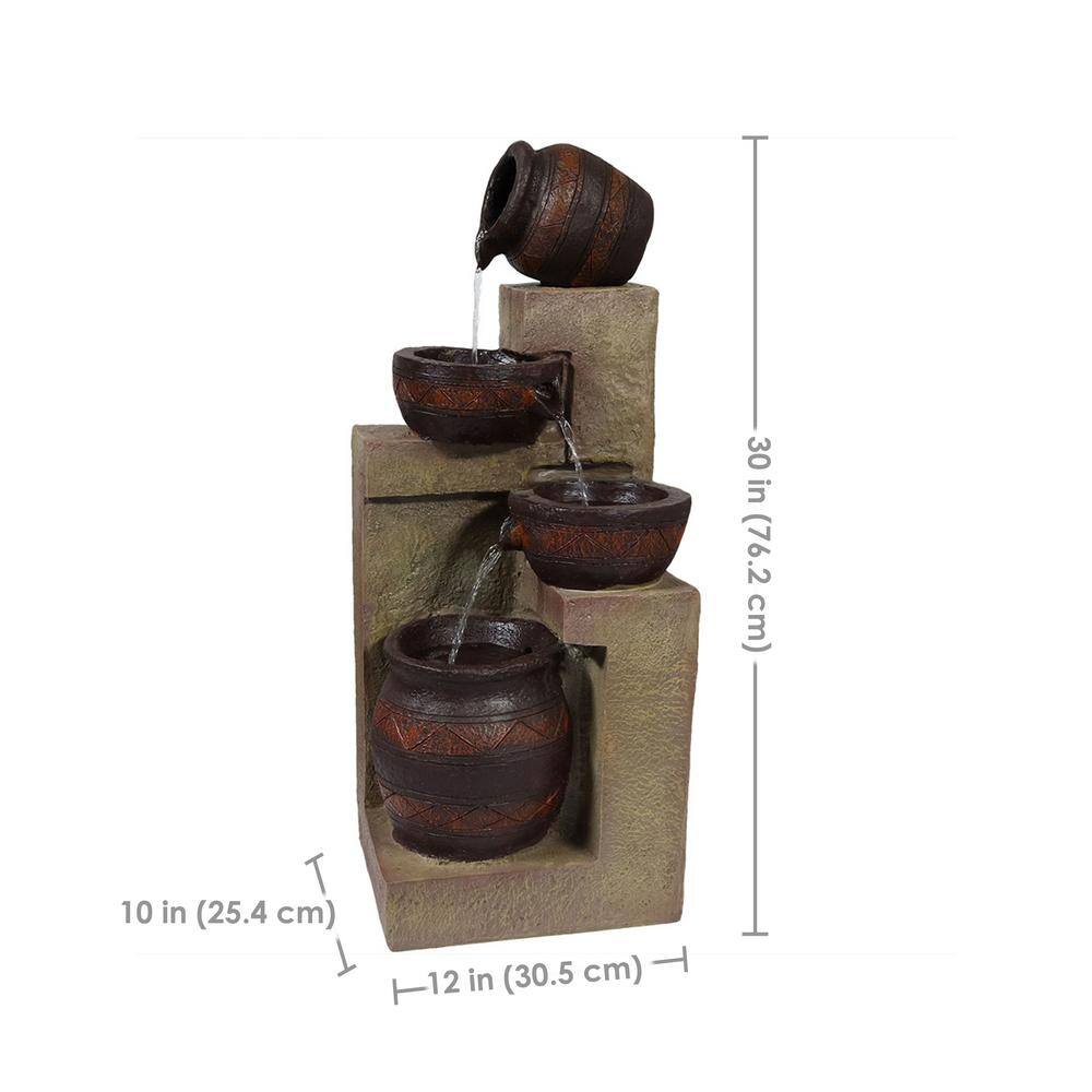 30-Inch Brown Polystone Solar Powered Cascading Water Fountain with LED Light