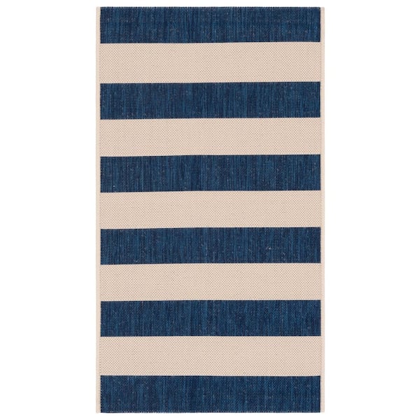 Courtyard Beige/Navy 3 ft. x 5 ft. Awning Stripe Indoor/Outdoor Area Rug