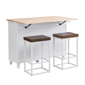 White 3-Piece Wood Outdoor Dining Table Set - Kitchen Island Set with 2-Stools, Storage Cabinet, Drawers and Tower Rack