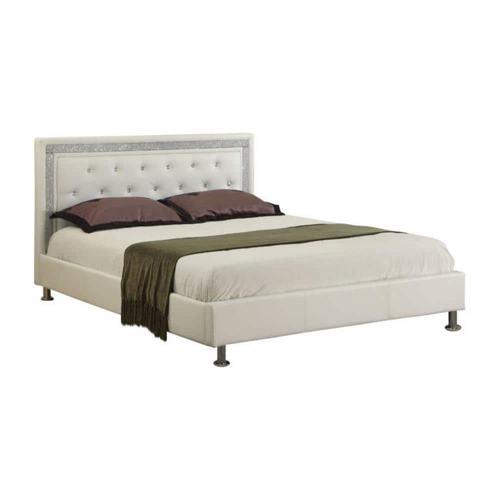 Best Master Furniture Jessie White Queen Faux Leather Platform Bed with Crystal-like Studs -  320WQ