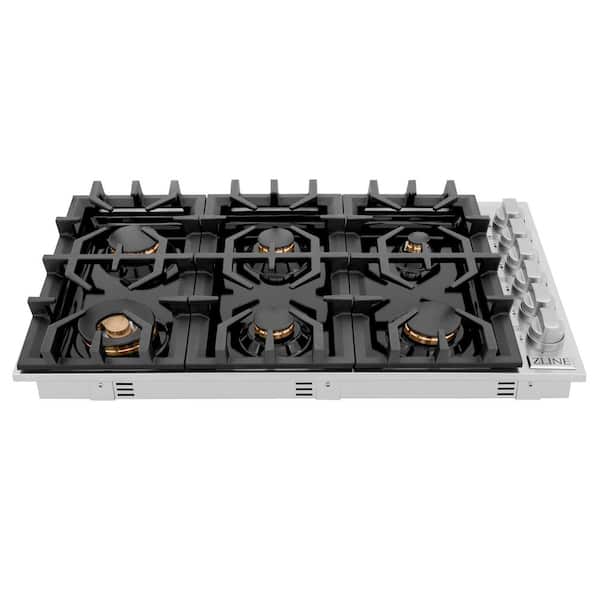36 in. 6 Burner Top Control Porcelain Gas Cooktop with Brass Burners in Stainless Steel