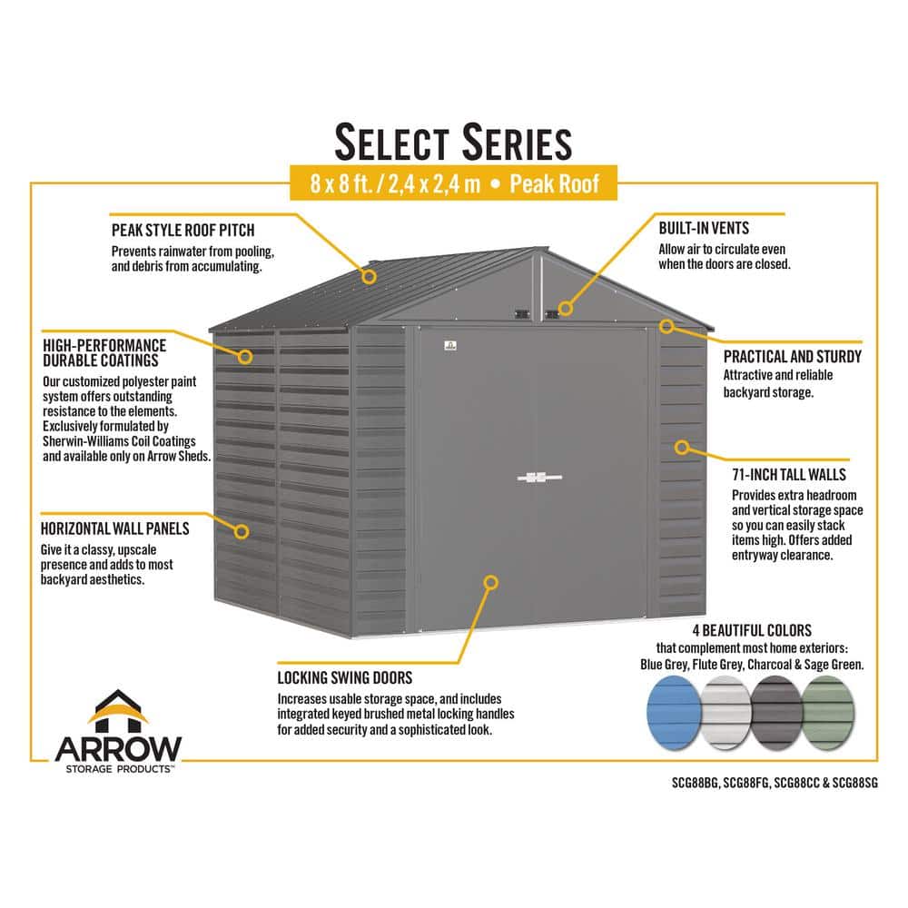Arrow 8x8 Flute Grey Steel Peak Roof Storage Shed