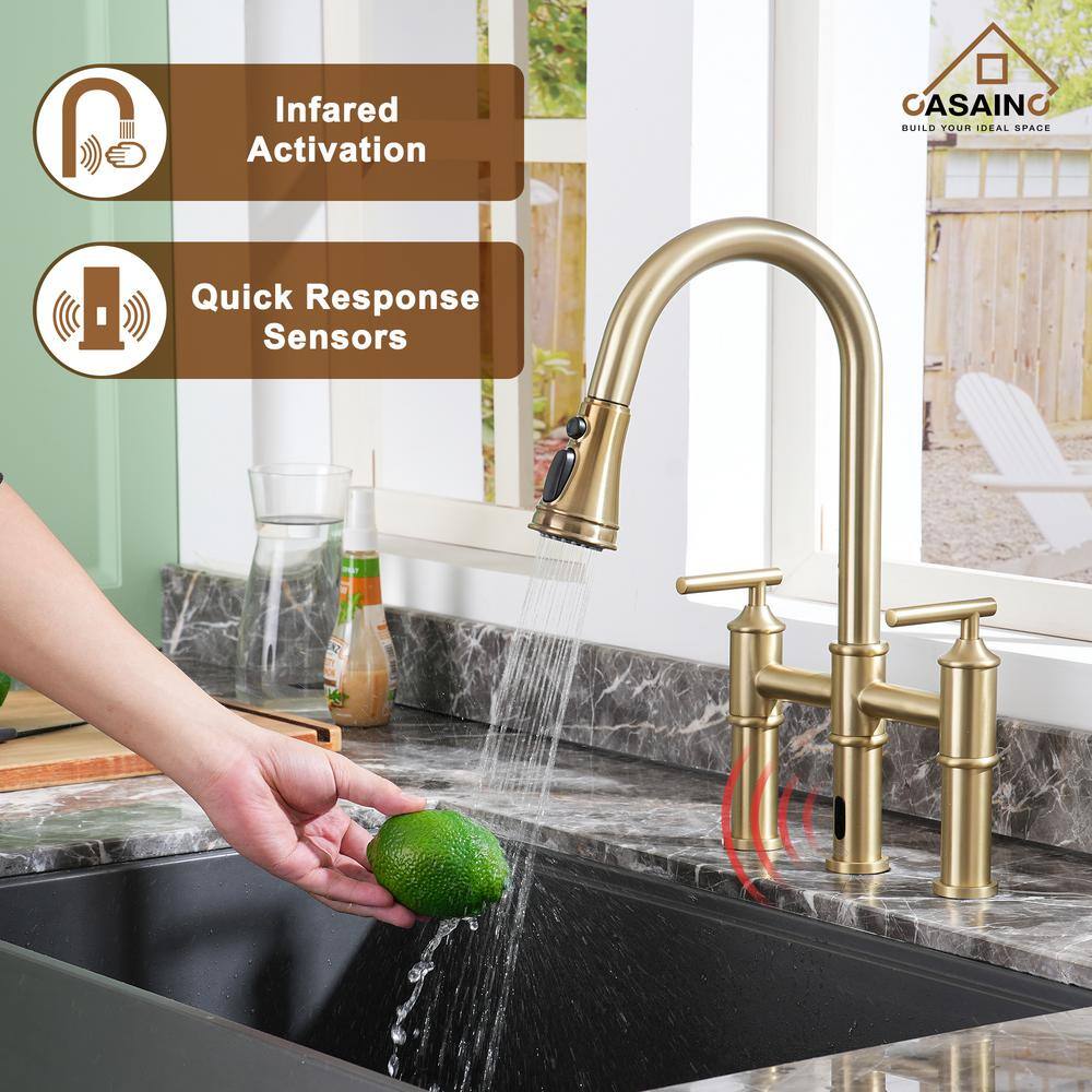 Brushed Gold Double Handle Pull-Out Spray Kitchen Faucet