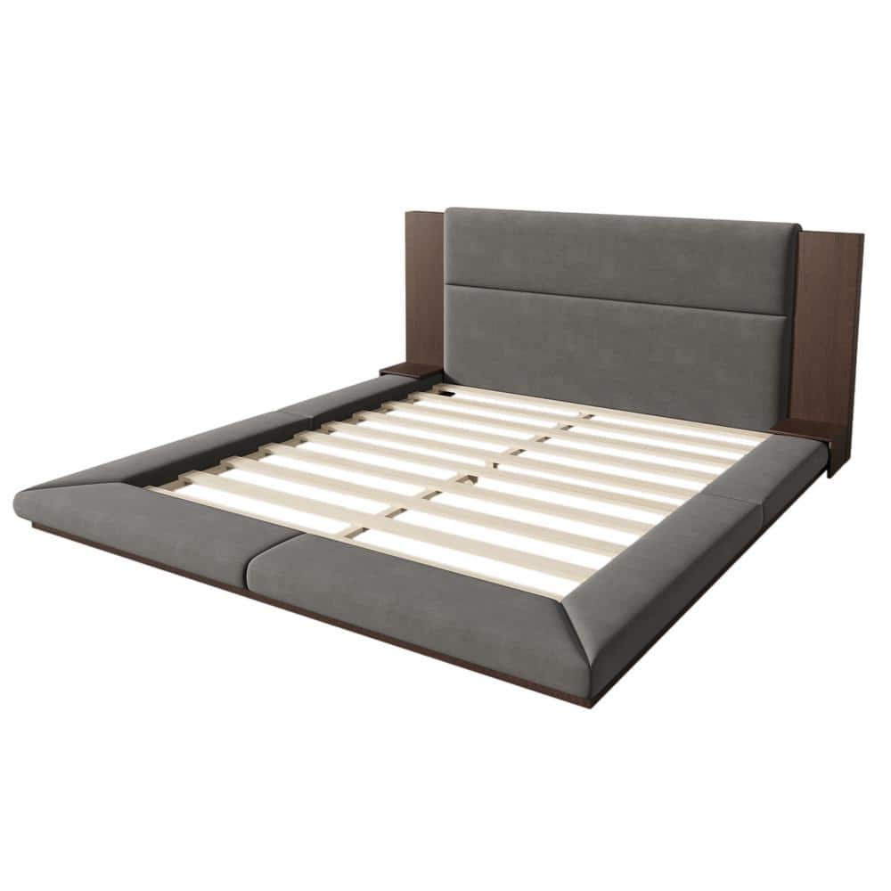 Gray Wood Frame King Size Velvet Upholstered Platform Bed Floor Bed with Extended Wood Headboard, Bedside Shelf - thumbnail 3