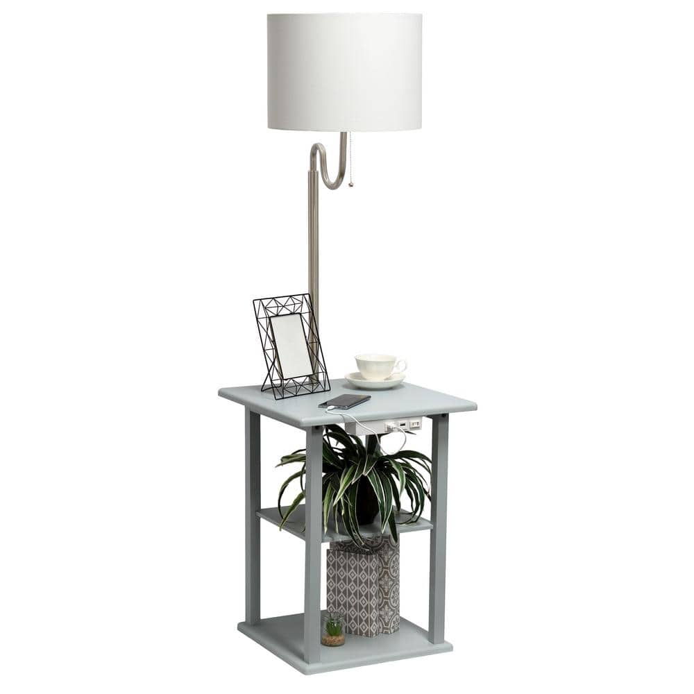 Gray 57" Modern 2-Tier End Table Floor Lamp with USB Ports