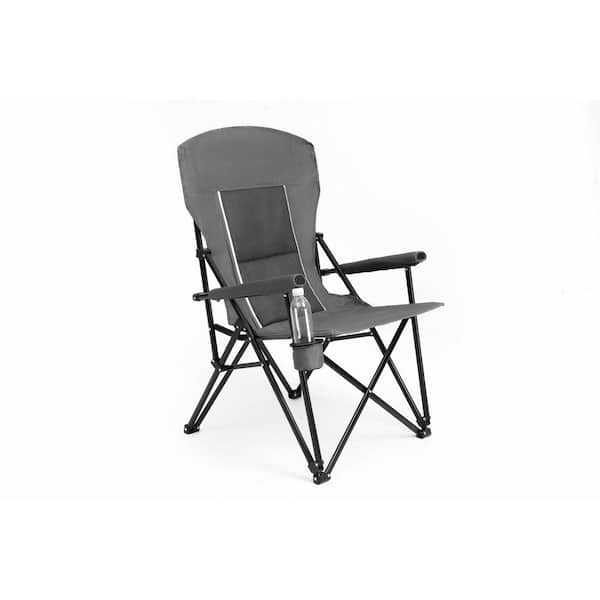 Grey Metal Folding Lawn Chair, Portable Heavy Duty High Back Chair with Cup Holder for Camping Outdoor Garden