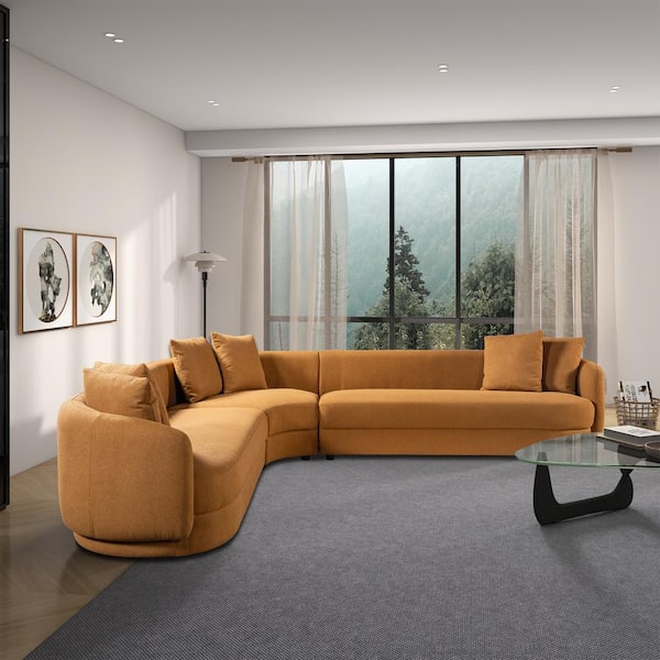 Ashcroft Furniture Co Kieron 122 in. Round Arm Boucle Fabric L-Shaped Curvy Corner Sectional Sofa in Cognac