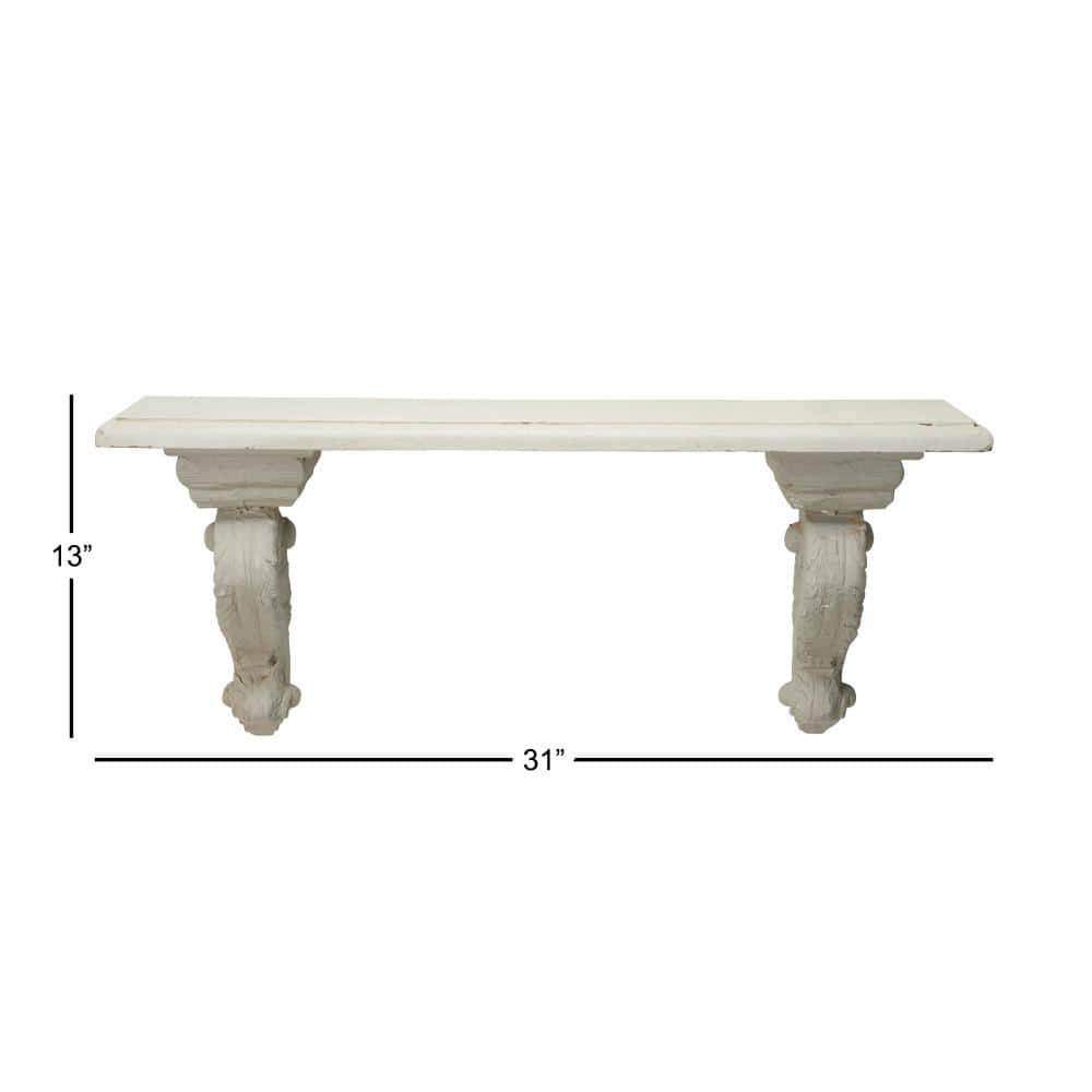 31.5" White and Beige Wood Floating Wall Shelf with Scrollwork