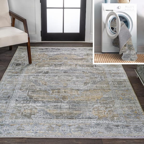 Alanya Ornate Medallion Machine-Washable Gray/Mustard 5 ft. x 8 ft. Area Rug