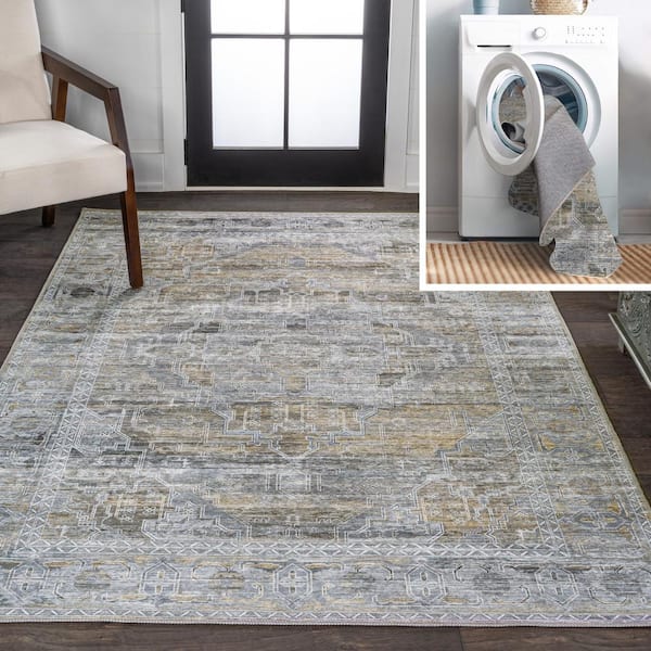 JONATHAN Y Alanya Ornate Medallion Machine-Washable Gray/Mustard 5 ft. x 8 ft. Area Rug