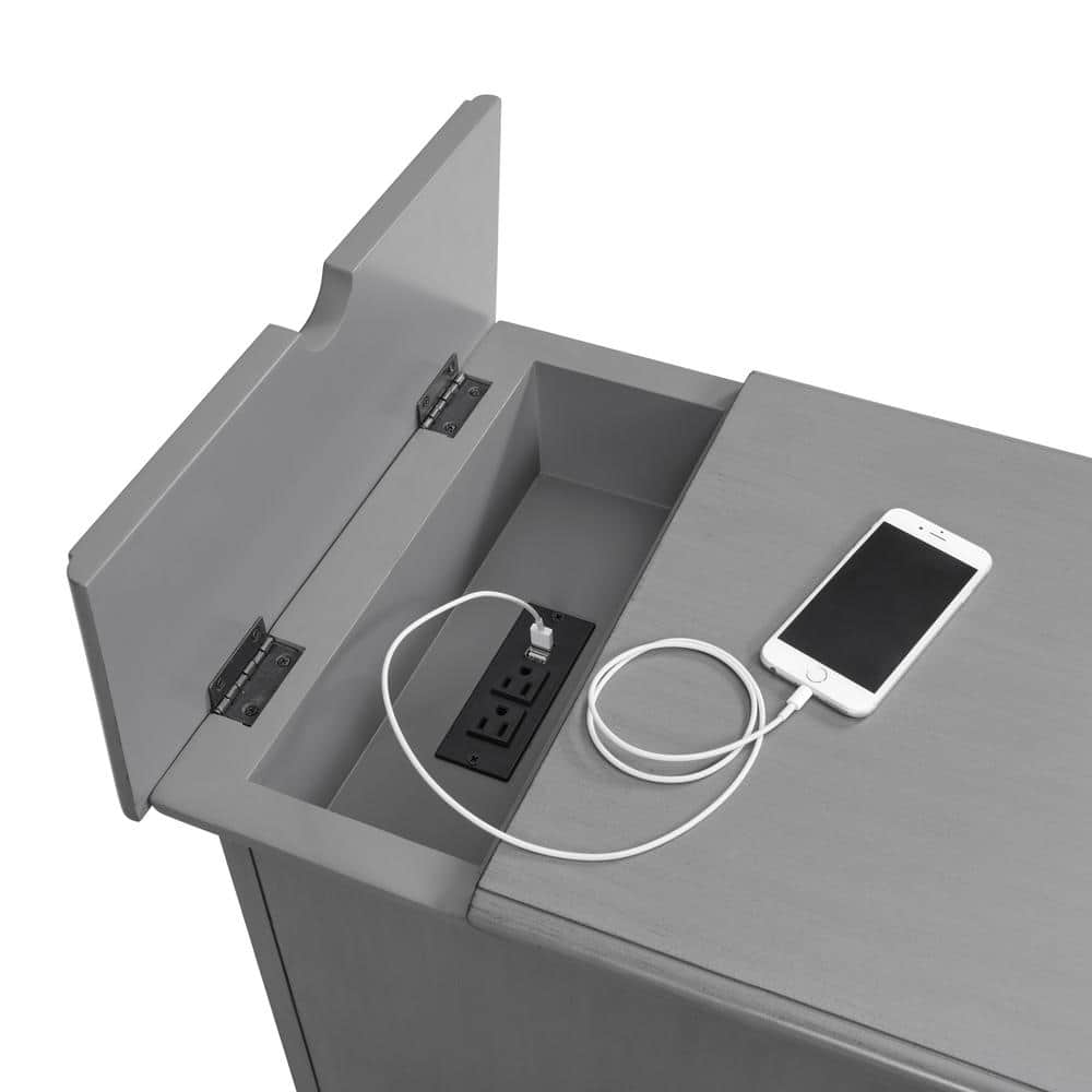 Sophisticated Gray Pine Chairside Table with Power Outlets