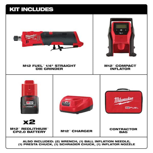 M12 FUEL 12V Lithium-Ion Brushless Cordless 1/4 in. Straight Die Grinder Kit w Two 2.0 Ah Batteries & M12 Inflator