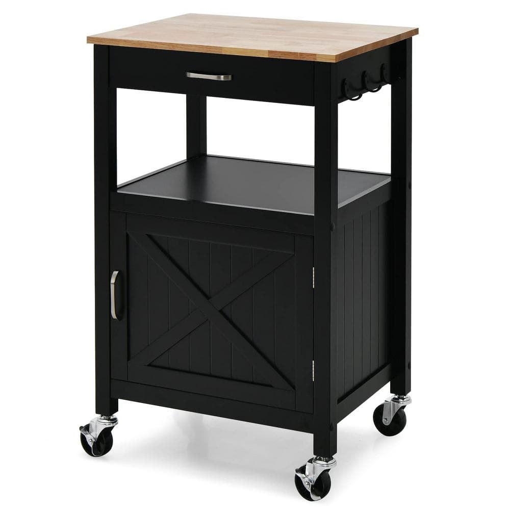 Bunpeony Black Stainless Steel Kitchen Cart Island on Wheels with Barn Door, Drawer and Side