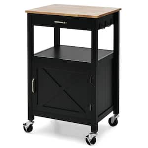 Black Stainless Steel Kitchen Cart Island on Wheels with Barn Door, Drawer and Side Hooks