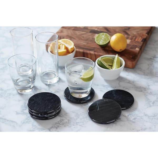 Viski Black Marble Coasters - Round Black Coasters for Drinks - Heavy Stone  with Cork Backing and Stand - Real Black Marble Coasters Set of 4