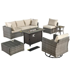 Sanibel Gray 8-Piece Wicker Outdoor Patio Conversation Sofa Sectional Set with a Metal Fire Pit and Beige Cushions