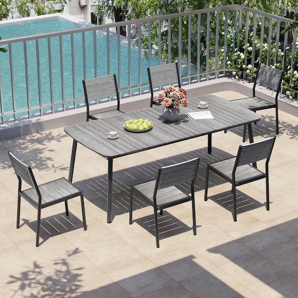 Pellebant 7-Piece Aluminum Rectangle Patio Outdoor Dining Set with 1.8 in. Umbrella Hole, Gray