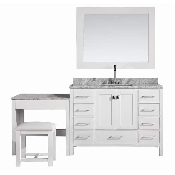 Design Element London 48 in. W x 22 in. D Vanity in White with Marble Vanity Top in Carrara White, Mirror and Makeup Table