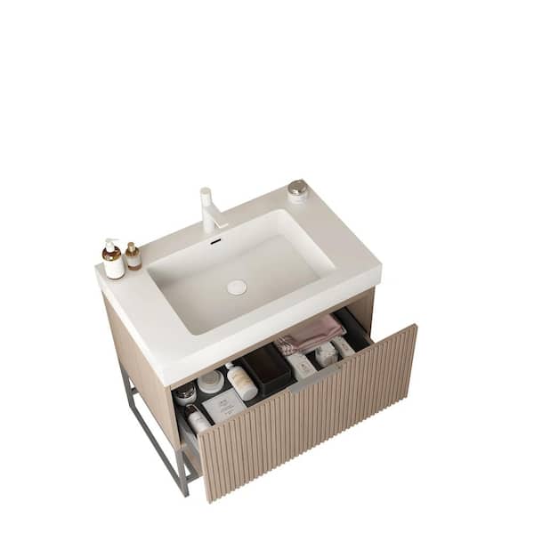 Baye 29.92 in. W Freestanding Brown Oak Single Sink Bath Vanity with White Acrylic Top Unassembled