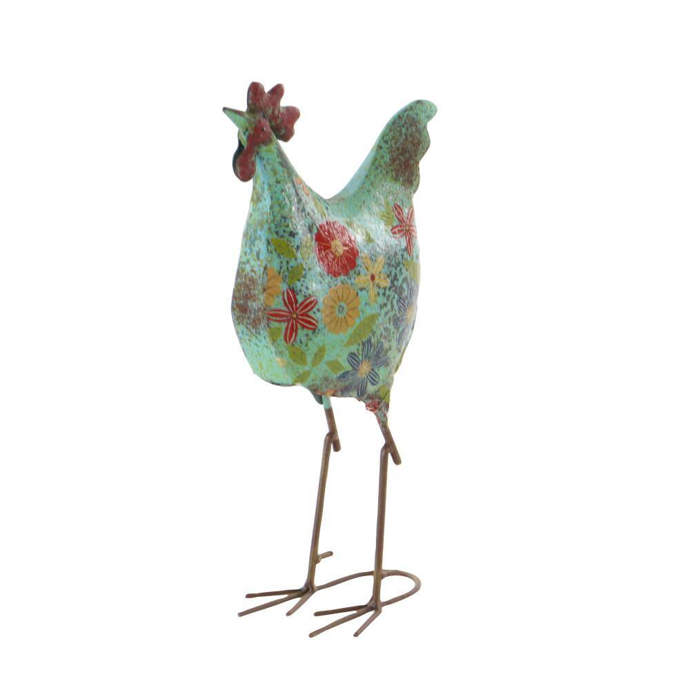 17" Green Floral Metal Rooster Garden Sculpture