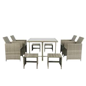 Grey 9-Piece Wicker Outdoor Dining Set, Patio Space Saving Rattan Chairs with Glass Table, Grey Cushions and Back