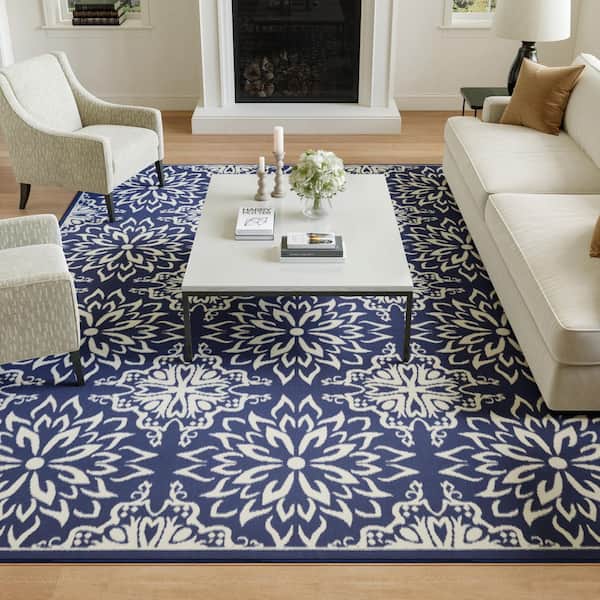 Jubilant Navy/Ivory 8 ft. x 10 ft. Floral Transitional Area Rug