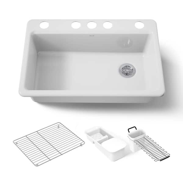 Riverby Workstation Undermount Cast Iron 33 in. 5-Hole Single Bowl Kitchen Sink Kit in White with Accessories