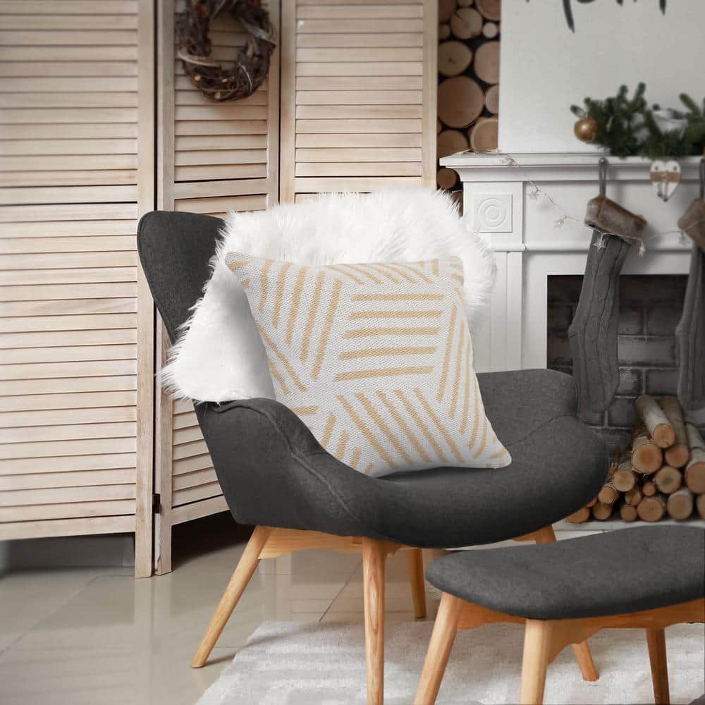 Tan and White Geometric Striped Cotton Square Throw Pillow